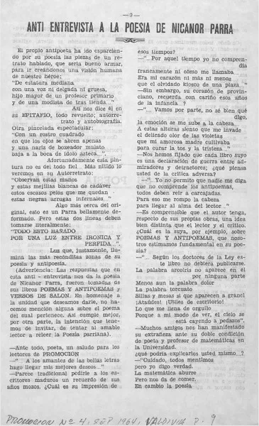 Anti entrevista a la poesía de Nicanor Parra  [artículo] Floridor Pérez.