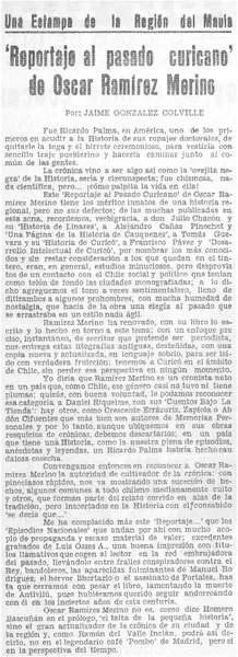 Reportaje al pasado curicano" de Oscar Ramírez Merino  [artículo] Jaime González Colville.