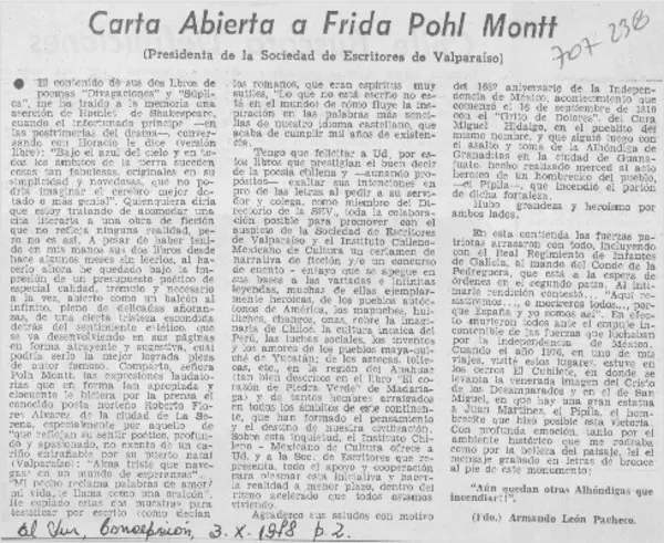 Carta abierta a Frida Pohl Montt  [artículo] Armando León pacheco.