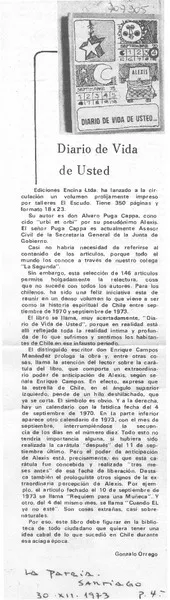 Diario de vida de usted  [artículo] Gonzalo Orrego.