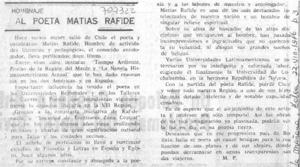 Al poeta Matías Rafide  [artículo] M.P.