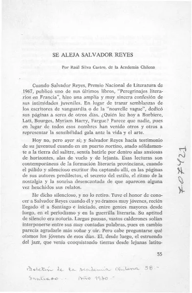 Se aleja Salvador Reyes  [artículo] Raúl Silva Castro.