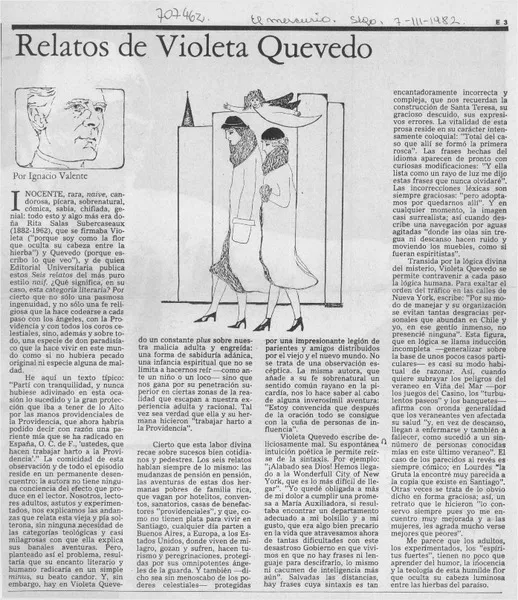 Relatos de Violeta Quevedo  [artículo] Ignacio Valente.