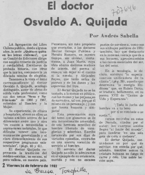 El doctor Osvaldo A. Quijada  [artículo] Andrés Sabella.