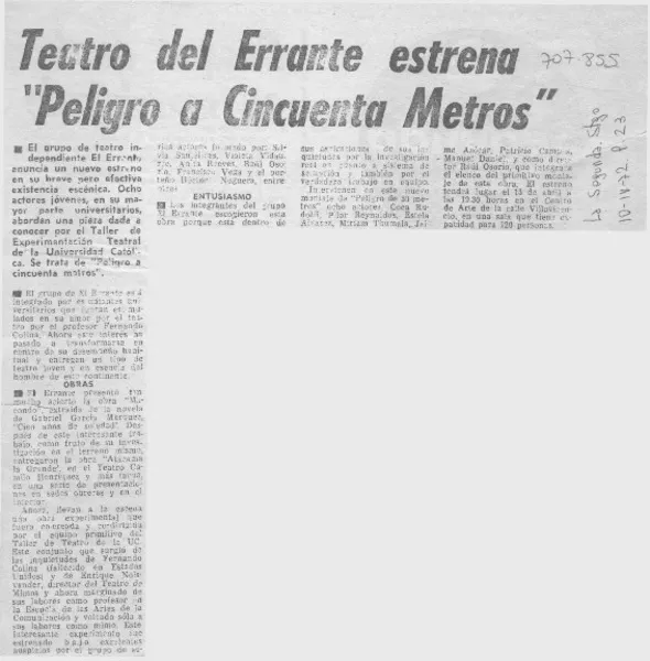 Teatro del Errante estrena "Peligro a cincuenta metros".  [artículo]