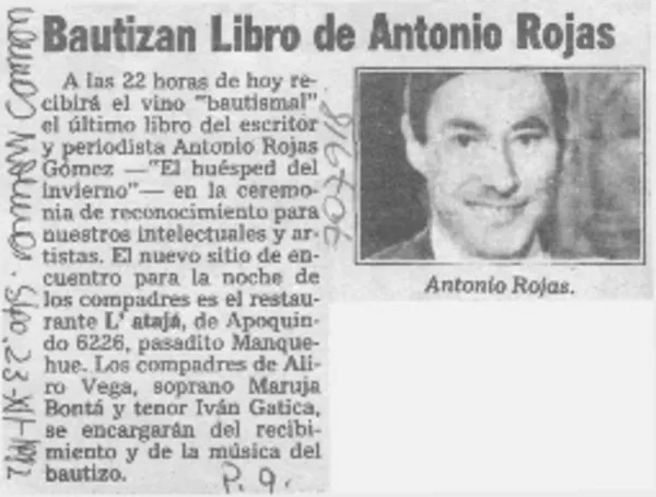 Bautizan libro de Antonio Rojas.  [artículo]