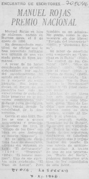 Manuel Rojas Premio Nacional.  [artículo]