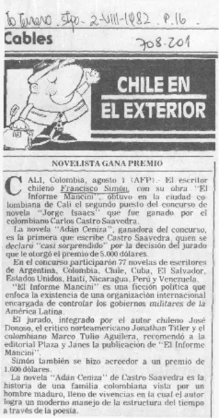 Novelista gana premio.  [artículo]