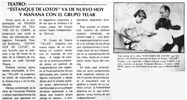 Estanque de lotos" va de nuevo hoy y mañana con el grupo Telar.  [artículo]