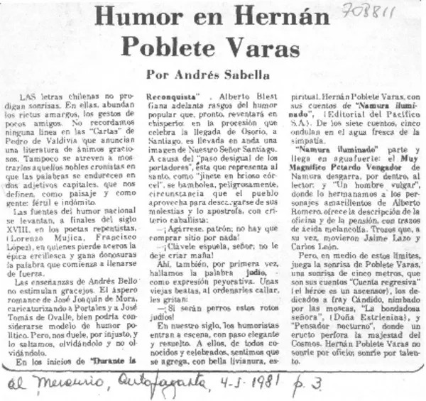 Humor en Hernán Poblete Varas  [artículo] Andrés Sabella.