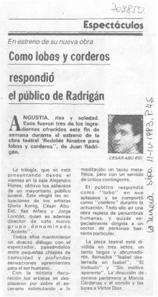 Como lobos y corderos respondió el público de Radrigán  [artículo] César Abu-Eid.