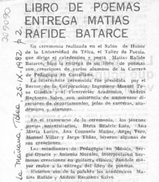 Libro de poemas entrega Matías Rafide Batarce.  [artículo]