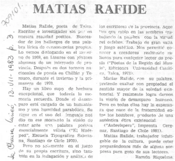 Matías Rafide  [artículo] Ramón Riquelme.