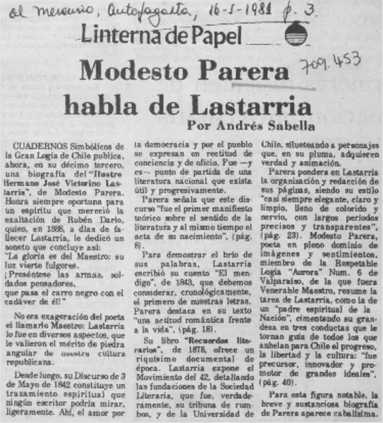 Modesto Parera habla de Lastarria  [artículo] Andrés Sabella.