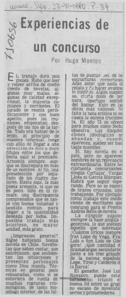 Experiencias de un concurso  [artículo] Hugo Montes.