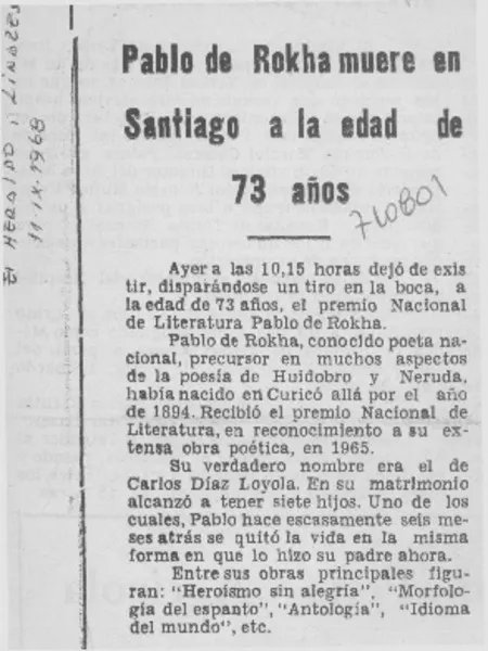 Pablo de Rokha muere en Santiago a la edad de 73 años.  [artículo]