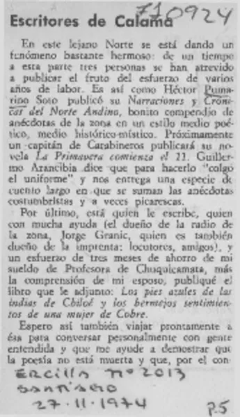 Escritores de Calama  [artículo] Catalina Videgain Santiago.