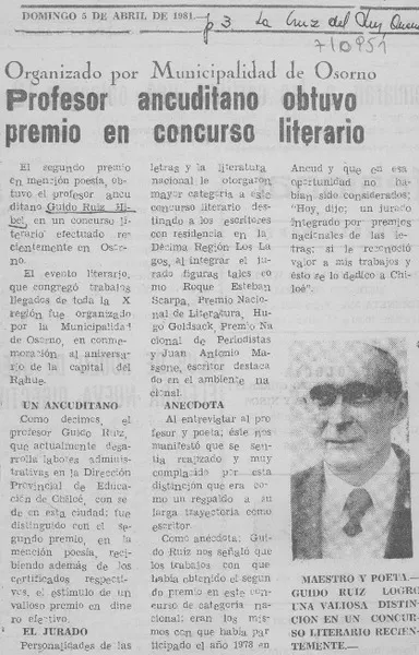 Profesor ancuditano obtuvo premio en concurso literario.  [artículo]
