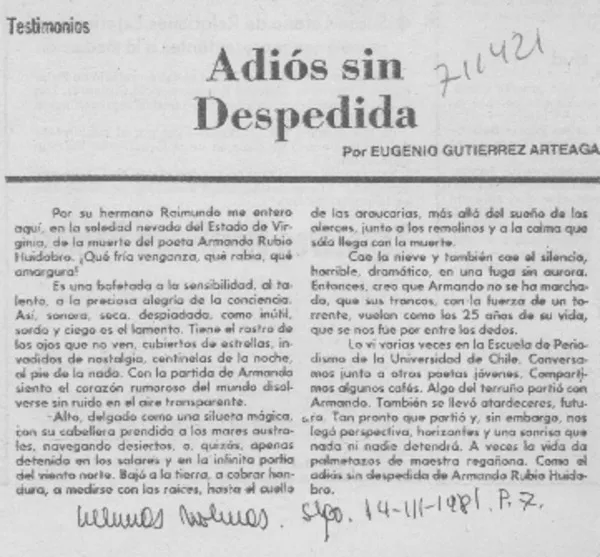 Adiós sin despedida  [artículo] Eugenio Gutiérrez Arteaga.