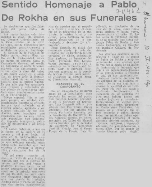 Sentido homenaje a Pablo de Rokha en sus funerales.  [artículo]
