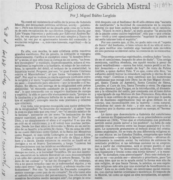 Prosa religiosa de Gabriela Mistral  [artículo] José Miguel Ibáñez Langlois.