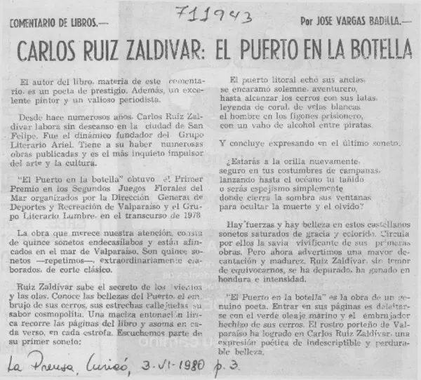 Carlos Ruíz Zaldívar, El puerto en la botella  [artículo] José Vargas Badilla.