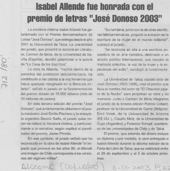 Isabel Allende fue honrada con el premio de letras "José Donoso 2003".  [artículo]