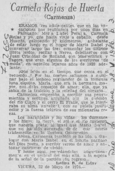 Carmenza Rojas de la Huerta  [artículo] Isolina B. de Estay.