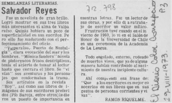 Salvador Reyes  [artículo] Ramón Riquelme.