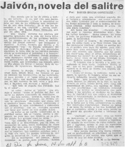 Jaivón, novela del salitre  [artículo] A.M.M.