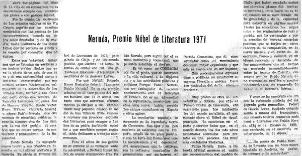 Neruda, Premio Nobel de Literatura 1971  [artículo]