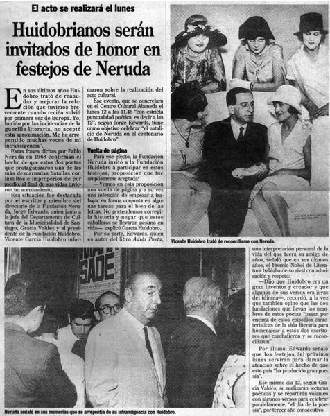 Huidobrianos serán invitados de honor en festejo de Neruda.  [artículo]