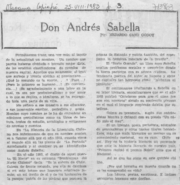 Don Andrés Sabella  [artículo] Medardo Cano Godoy.