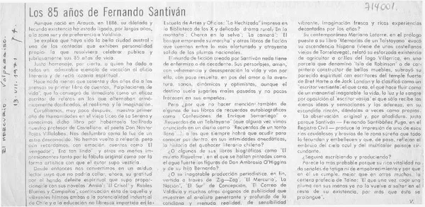 Los 85 años de Fernando Santiván  [artículo] V.