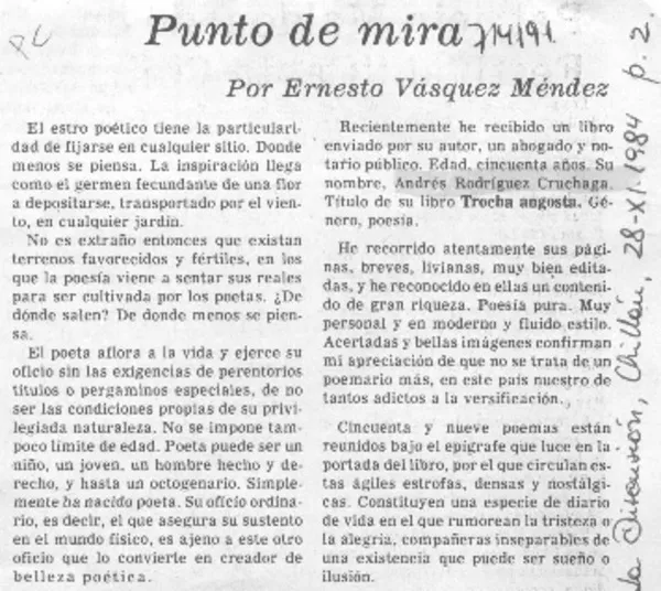 Punto de mira  [artículo] Ernesto Vásquez Méndez.