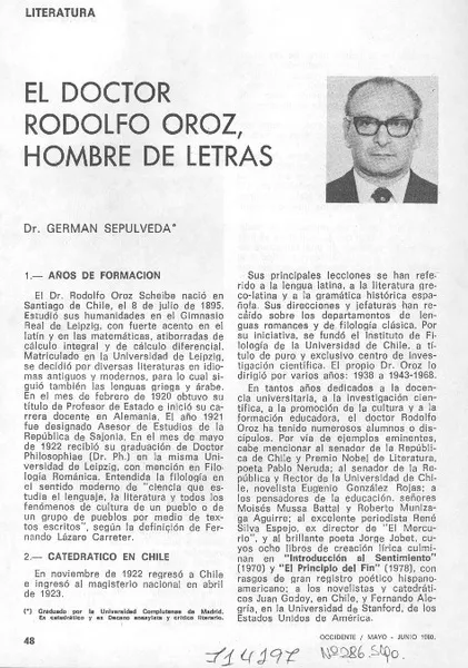 El doctor Rodolfo Oroz, hombre de letras  [artículo] Germán Sepúlveda.