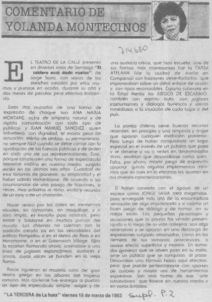Comentario de Yolanda Montecinos.  [artículo] Yolanda Montecinos.