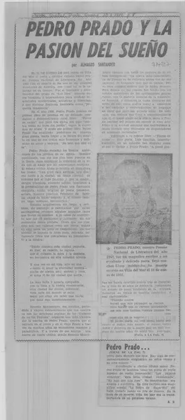 Pedro Prado y la pasión del sueño  [artículo] Almagro Santander.