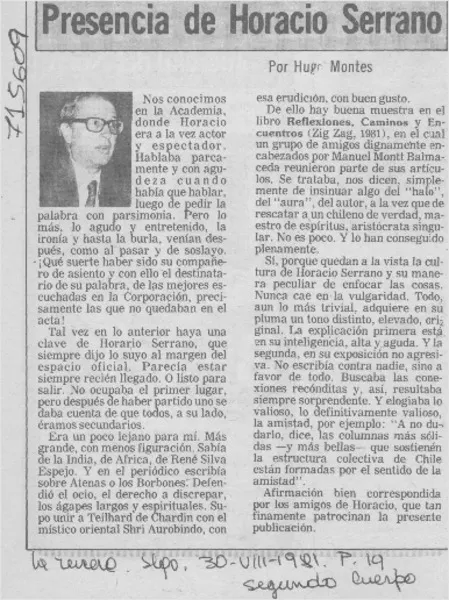 Presencia de Horacio Serrano  [artículo] Hugo Montes.