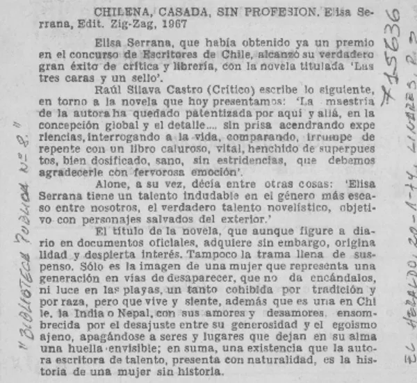 Chilena, casada, sin profesión.  [artículo]
