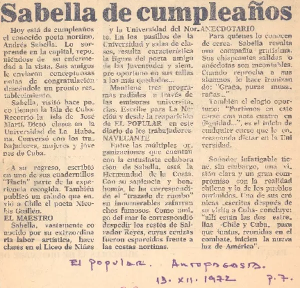 Sabella de cumpleaños.  [artículo]