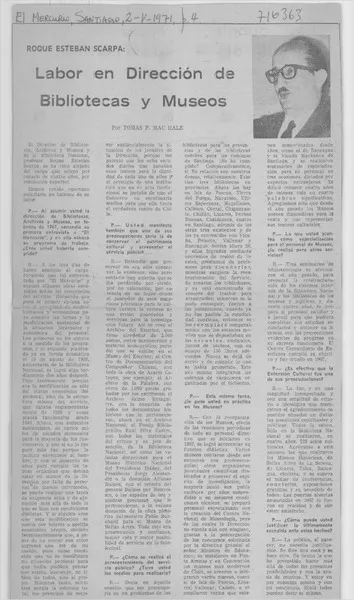 Labor en dirección de bibliotecas y museos [entrevista] [artículo] : Tomás P. Mac Hale.