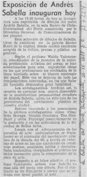 Exposición de Andrés Sabella inauguran hoy.  [artículo]
