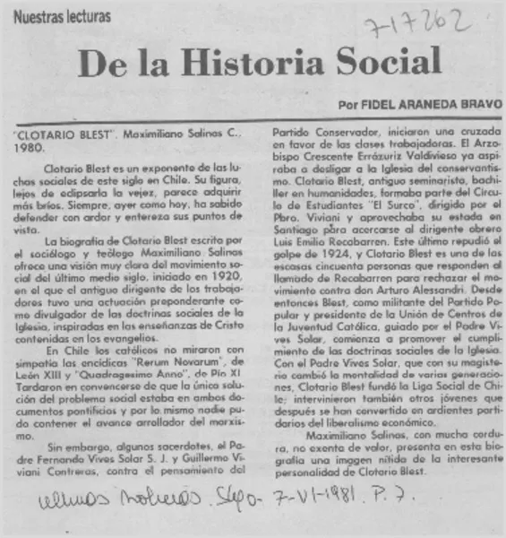 De la historia social  [artículo] Fidel Araneda Bravo.
