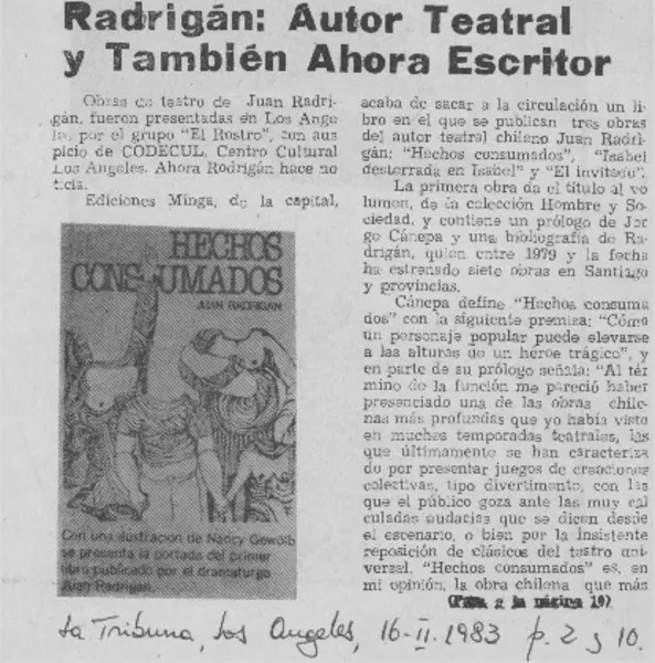 Radrigán: autor teatral y también ahora escritor.  [artículo]