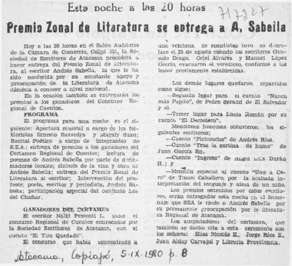 Premio zonal de literatura se entrega a A. Sabella.  [artículo]