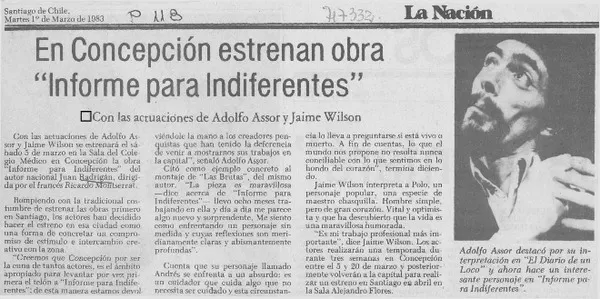 En Concepción estrenan obra "informe para indiferentes".  [artículo]