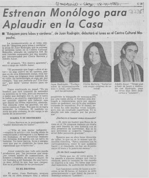 Estrenan monólogo para aplaudir en la casa : [entrevistas] [artículo]