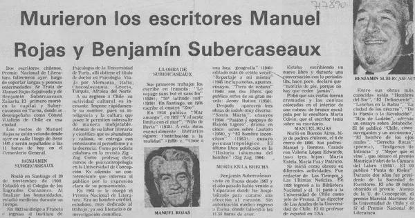 Murieron los escritores Manuel Rojas y Benjamín Subercaseaux.  [artículo]