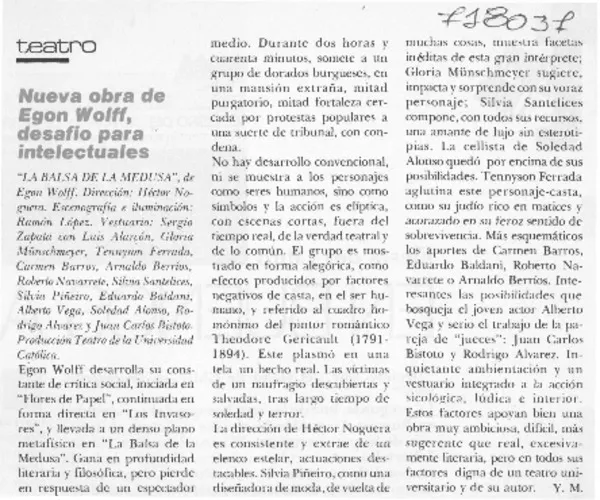 Nueva obra de Egon Wolff, desafío para intelectuales  [artículo] Y. M.